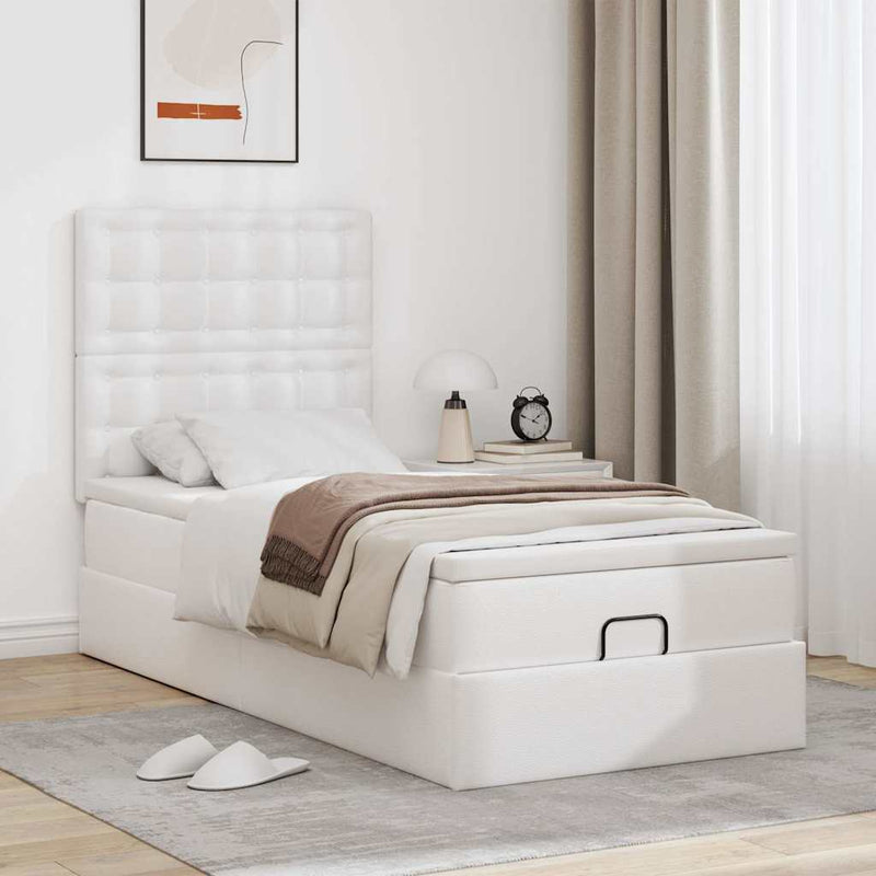 vidaXL Ottomán ágykeret matraccal Fehér 100x200cm műbőrrel