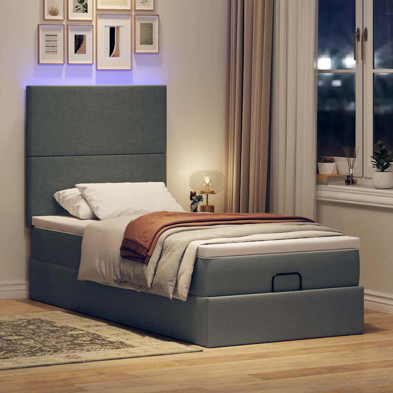 vidaXL sötétszürke szövet ottomán ágy matraccal & LED-ek 80x200cm