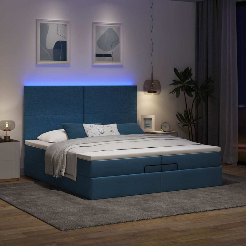 vidaXL Ottomán ágykeret matracokkal kék 200x200cm szövet