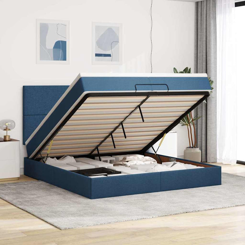 vidaXL Ottomán ágykeret matracokkal kék 200x200cm szövet