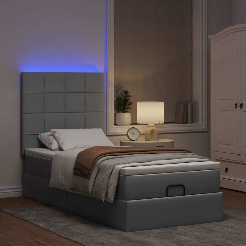 vidaXL világosszürke szövet ottomán ágy matraccal & LED-ek 80x200cm