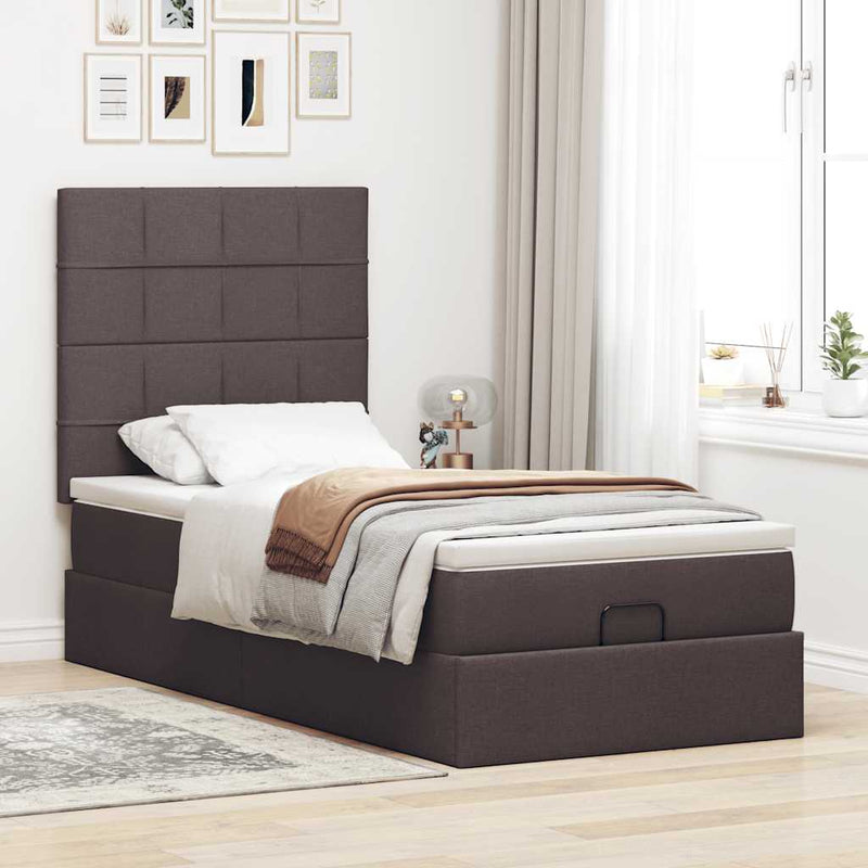 vidaXL sötétbarna szövet ottomán ágy matraccal & LED-ek 90x200 cm