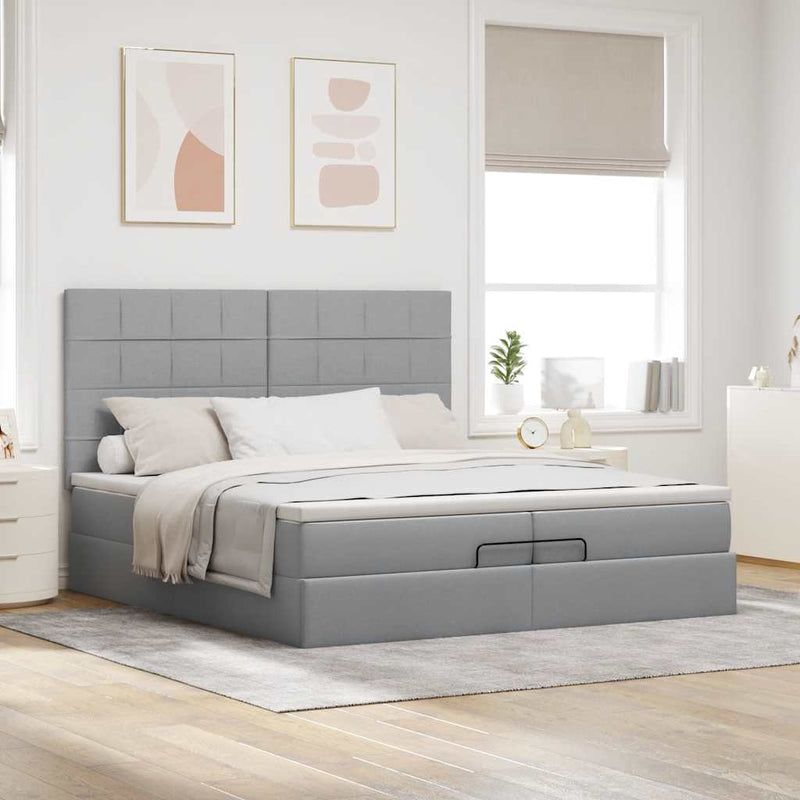 vidaXL Ottomán ágykeret matracokkal Világosszürke 200x200cm szövet