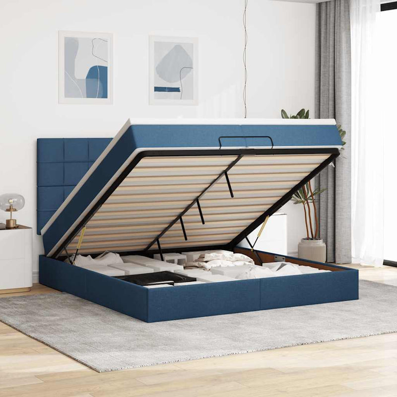 vidaXL Ottomán ágykeret matracokkal kék 200x200cm szövet