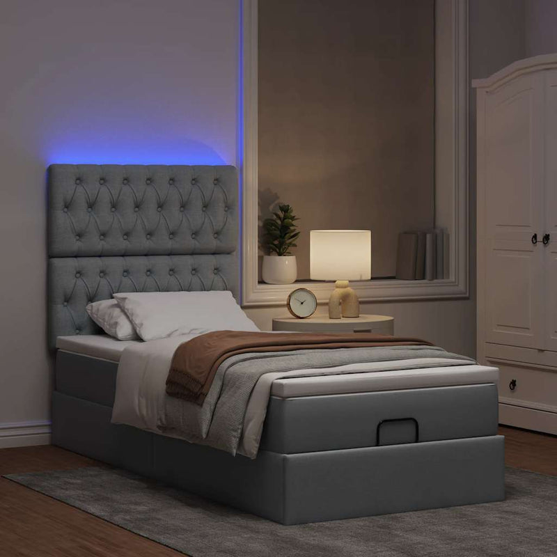 vidaXL világosszürke szövet ottomán ágy matraccal & LED-ek 80x200cm