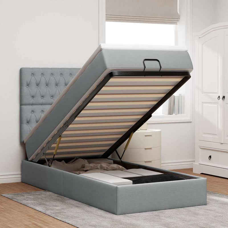 vidaXL világosszürke szövet ottomán ágy matraccal & LED-ek 80x200cm