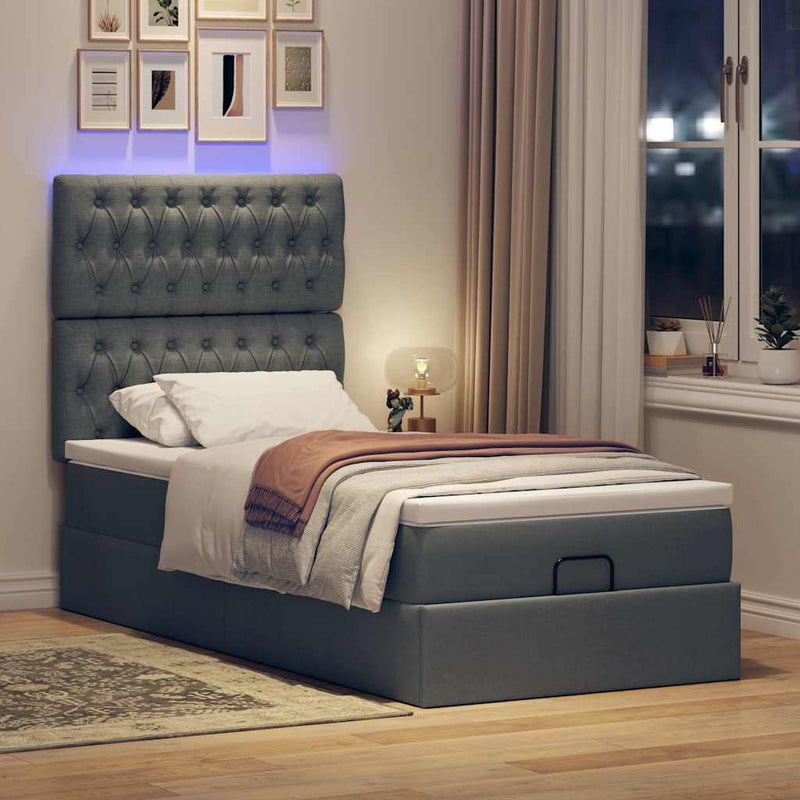 vidaXL sötétszürke szövet ottomán ágy matraccal & LED-ek 80x200cm