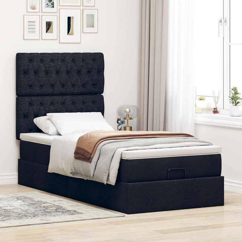vidaXL Ottomán ágykeret matraccal fekete 90x190cm szövet