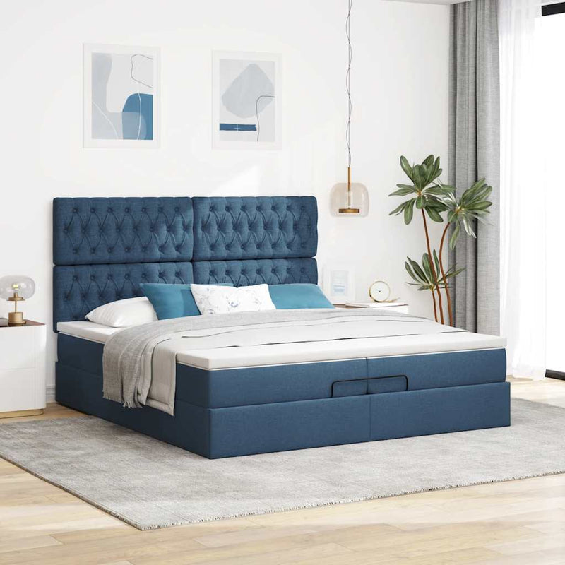 vidaXL Ottomán ágykeret matracokkal kék 200x200cm szövet
