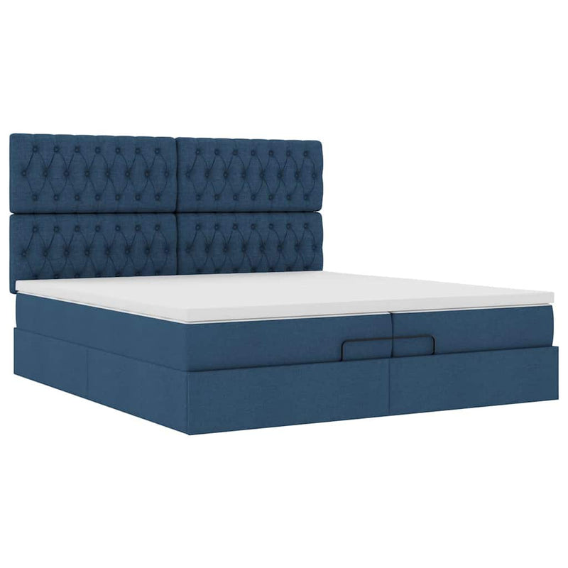 vidaXL Ottomán ágykeret matracokkal kék 200x200cm szövet