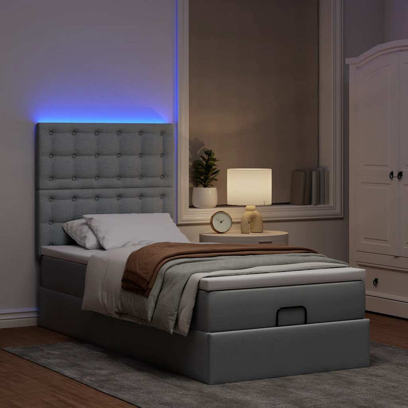 vidaXL világosszürke szövet ottomán ágy matraccal & LED-ek 80x200cm