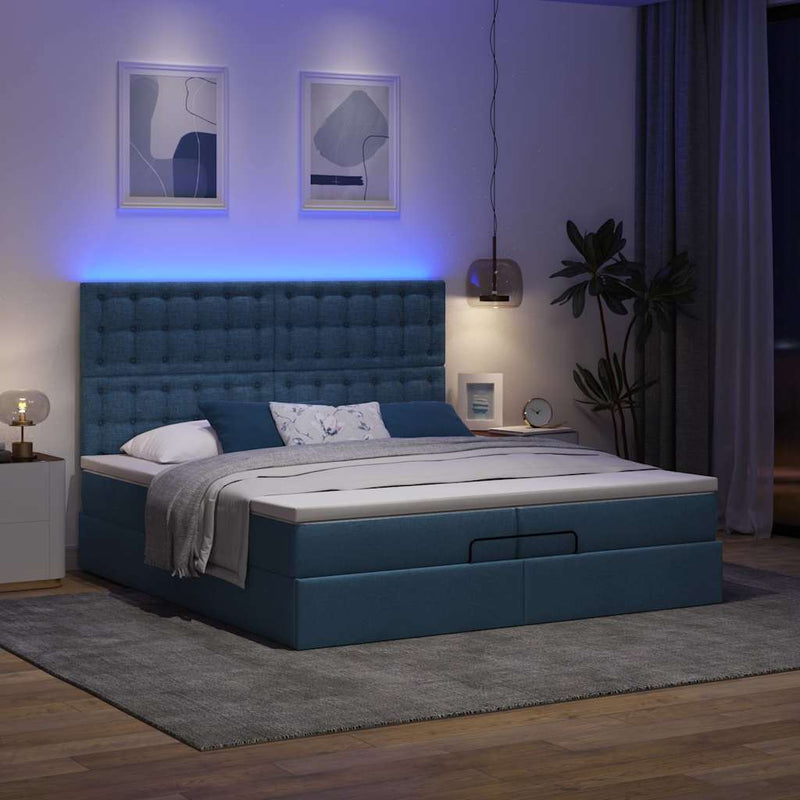 vidaXL Ottomán ágykeret matracokkal kék 200x200cm szövet