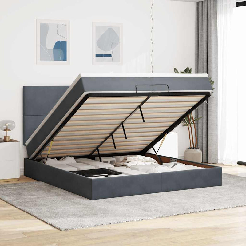 vidaXL Ottomán ágykeret matraccal Sötét szürke 200x200cm bársony