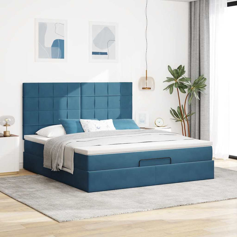 vidaXL Ottomán ágykeret matracokkal sötétkék 180x200cm bársony