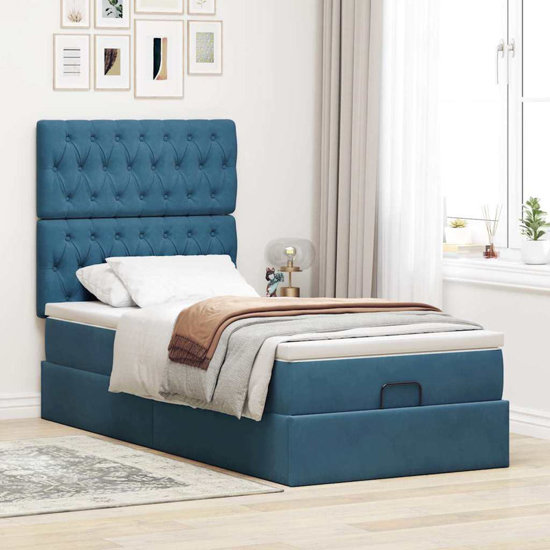vidaXL Ottomán ágykeret matracokkal sötétkék 80x200cm bársony