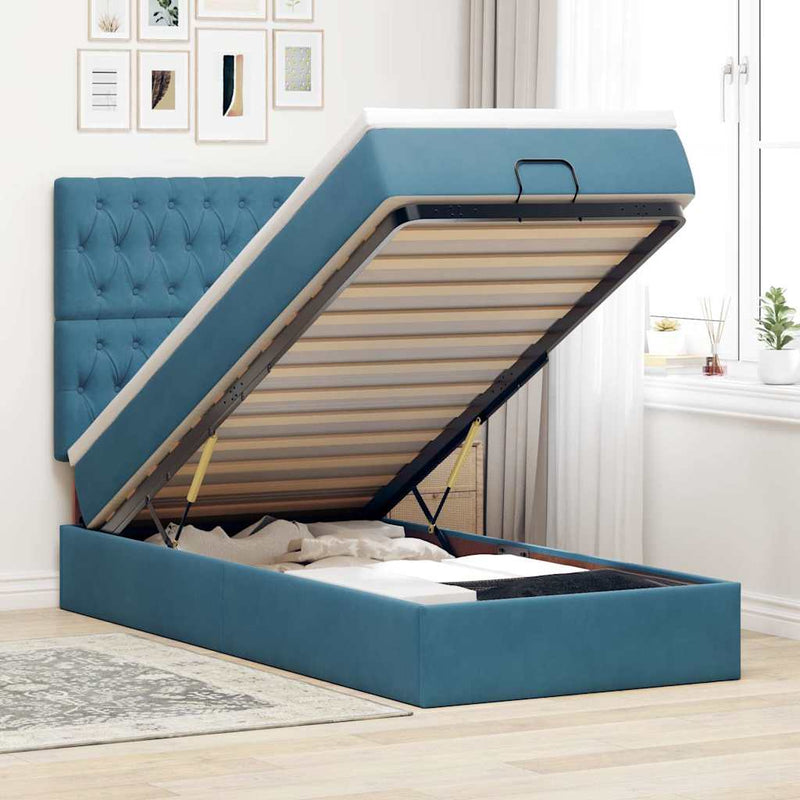 vidaXL Ottomán ágykeret matracokkal sötétkék 80x200cm bársony