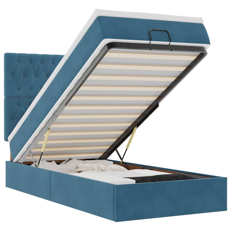 vidaXL Ottomán ágykeret matracokkal sötétkék 100x200cm bársony