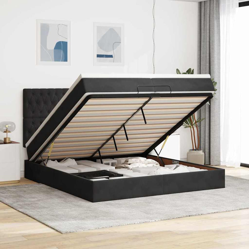 vidaXL Ottomán ágykeret matracokkal Fekete 200x200cm bársony