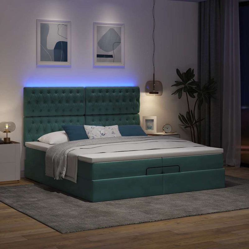 vidaXL Ottomán ágykeret matracokkal Sötétzöld 200x200cm bársony