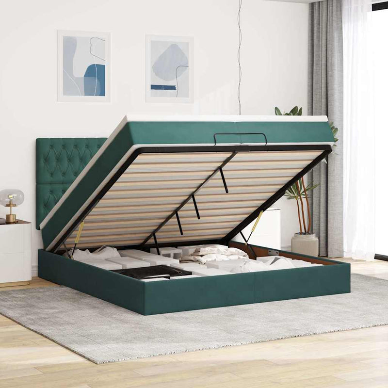 vidaXL Ottomán ágykeret matracokkal Sötétzöld 200x200cm bársony