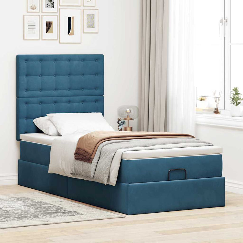 vidaXL Ottomán ágykeret matracokkal sötétkék 80x200cm bársony