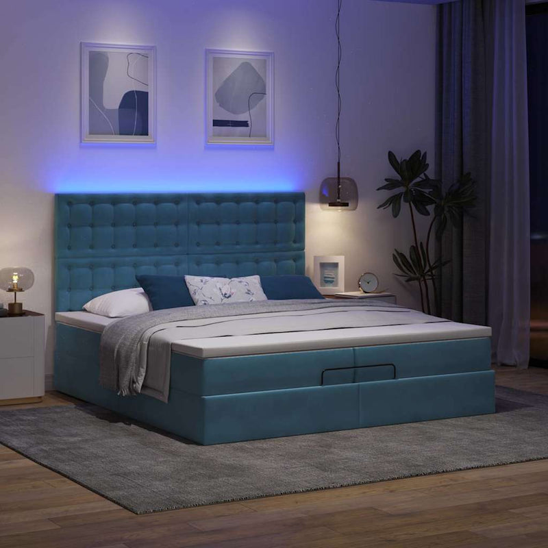 vidaXL Ottomán ágy matracokkal & LED-ek Sötétkék 200x200cm bársony