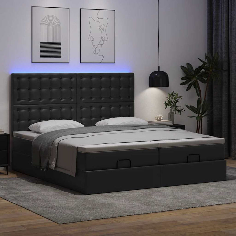 vidaXL fekete műbőr ottomán ágy matracokkal & LED-ek 180x200cm