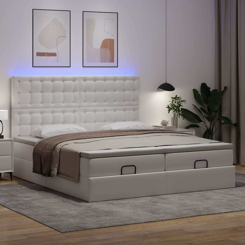 vidaXL tiszta fehér műbőr ottomán ágy matracokkal & LED-ek 180x200cm
