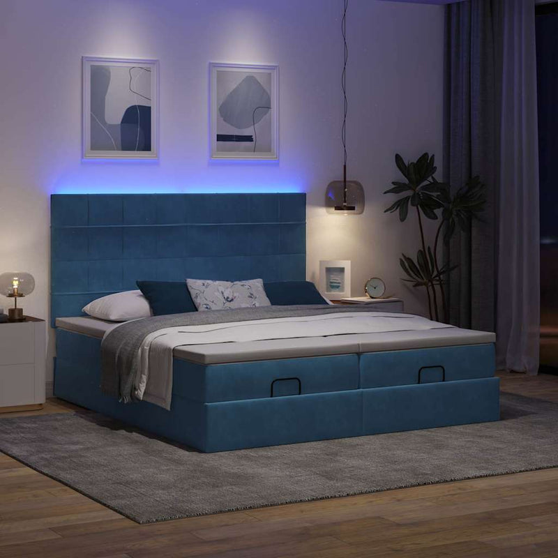 vidaXL Ottomán ágykeret matracokkal sötétkék 160x200cm bársony
