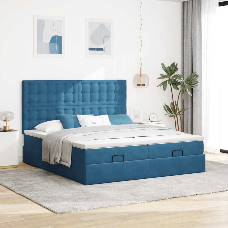 vidaXL Ottomán ágykeret matracokkal sötétkék 160x200cm bársony