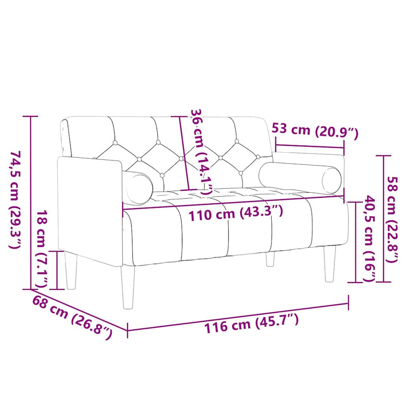 vidaXL krém bársony loveseat kanapé párnákkal 110 cm