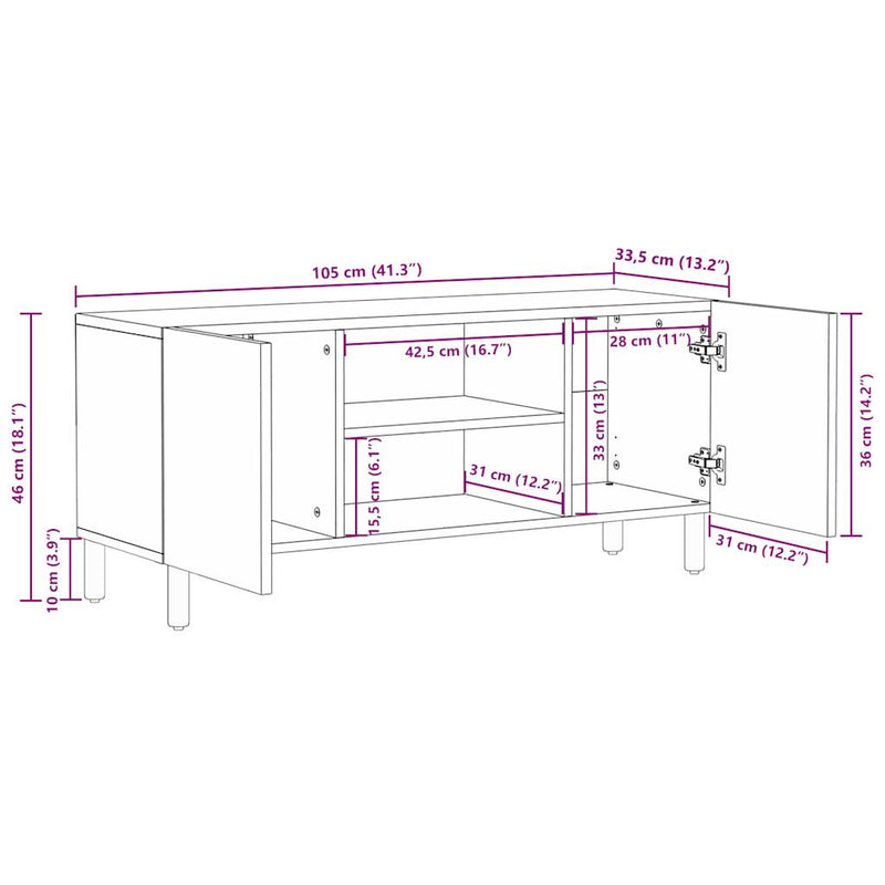 vidaXL fekete tömör nyers mangófa TV-szekrény 105 x 33,5 x 46 cm