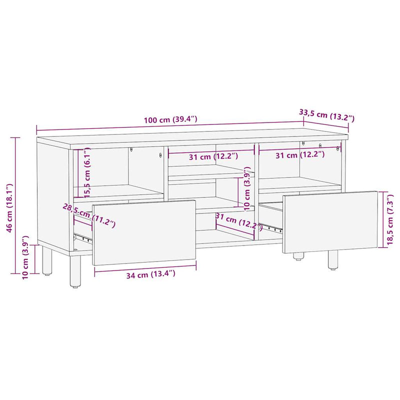 vidaXL fekete tömör nyers mangófa TV-szekrény 100 x 33,5 x 46 cm
