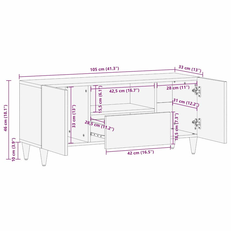 vidaXL TV szekrény fiókkal Méz barna 105 x 33 x 46 cm Tömör Mangófát