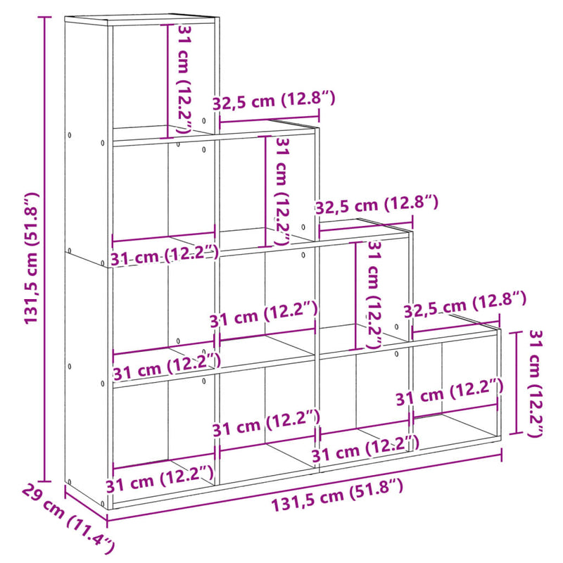 vidaXL 4 szintes sonoma tölgy elválasztó könyvespolc 131,5x29x131,5 cm