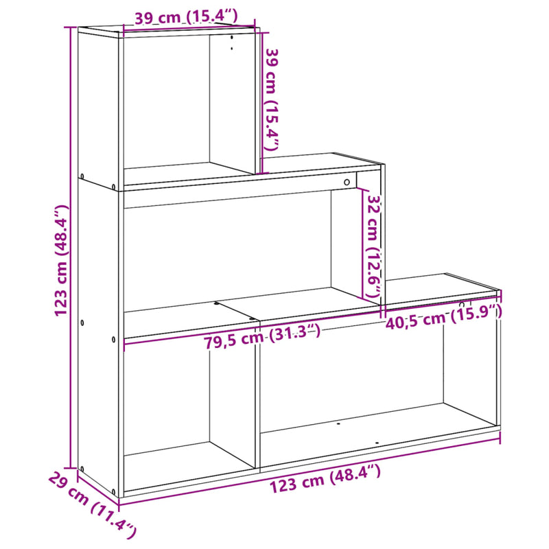 vidaXL 3 szintes sonoma tölgy fa elválasztó könyvespolc 123x29x123 cm