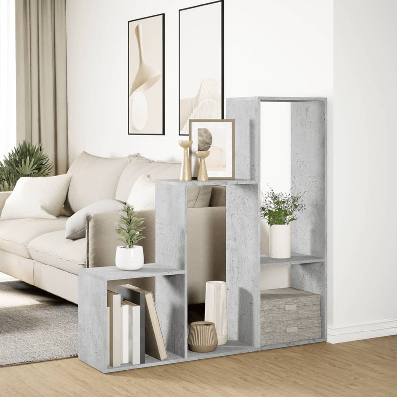 vidaXL 3 szintes betonszürke fa elválasztó könyvespolc 123x29x123 cm
