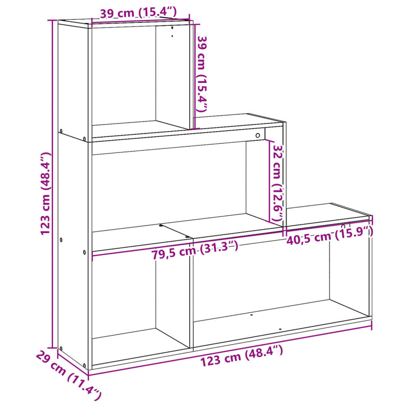 vidaXL 3 szintes füstös tölgy fa elválasztó könyvespolc 123x29x123 cm