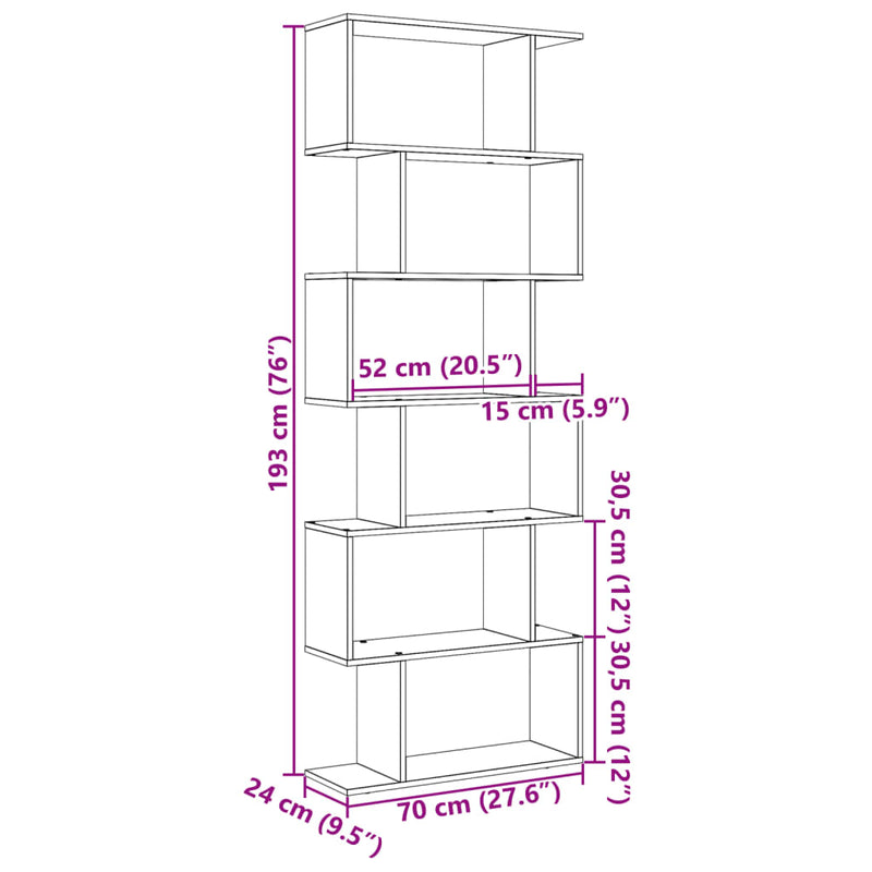 vidaXL 6 szintes fehér szerelt fa elválasztó könyvespolc 70x24x193 cm