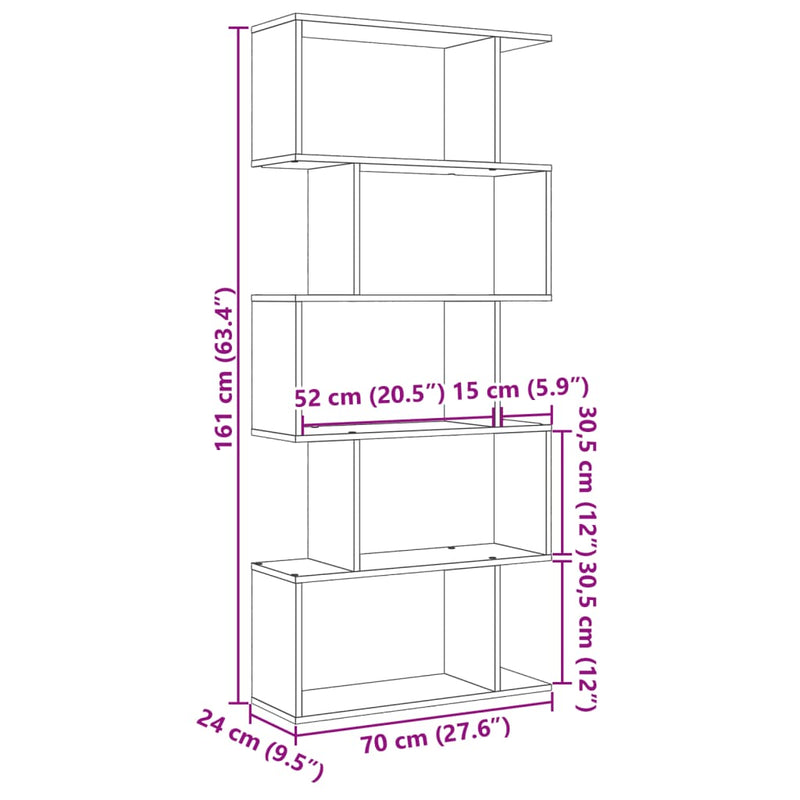 vidaXL 5 szintes sonoma tölgy fa elválasztó könyvespolc 70x24x161 cm