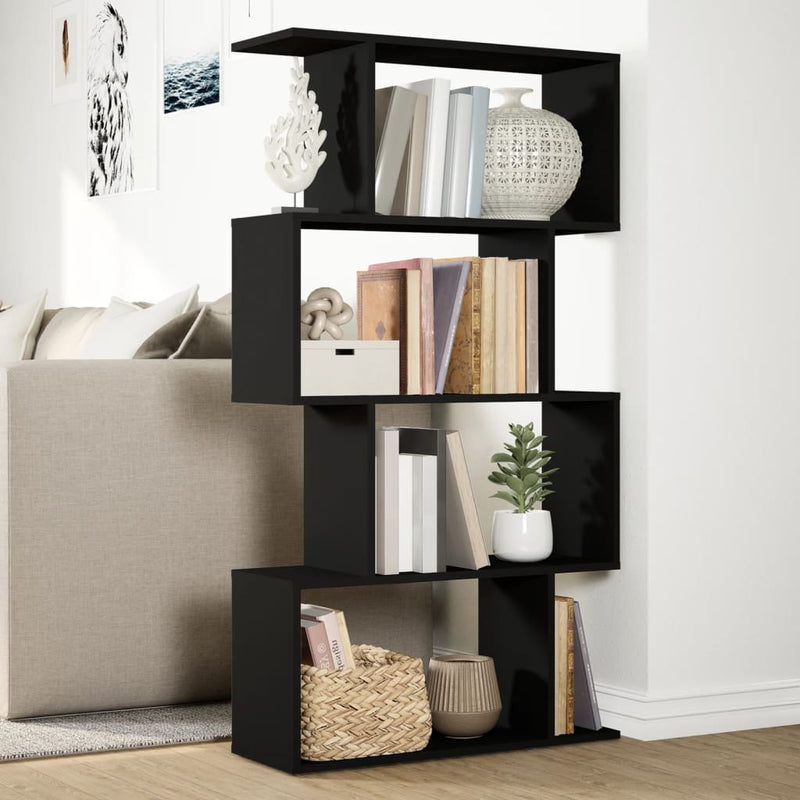 vidaXL 4 szintes fekete szerelt fa elválasztó könyvespolc 70x24x129 cm