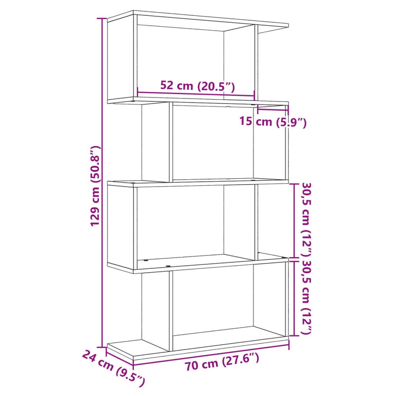 vidaXL 4 szintes füstös tölgy fa elválasztó könyvespolc 70x24x129 cm