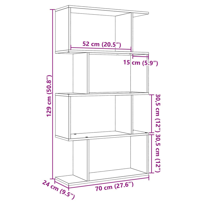 vidaXL 4 szintes antik fa színű fa elválasztó könyvespolc 70x24x129 cm
