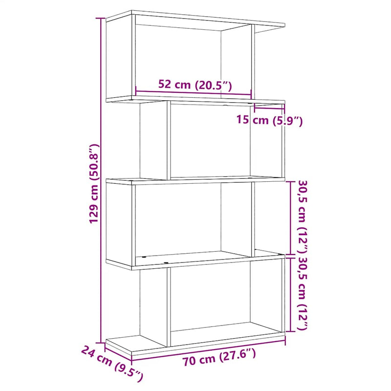 vidaXL 4 szintes kézműves tölgy fa elválasztó könyvespolc 70x24x129 cm