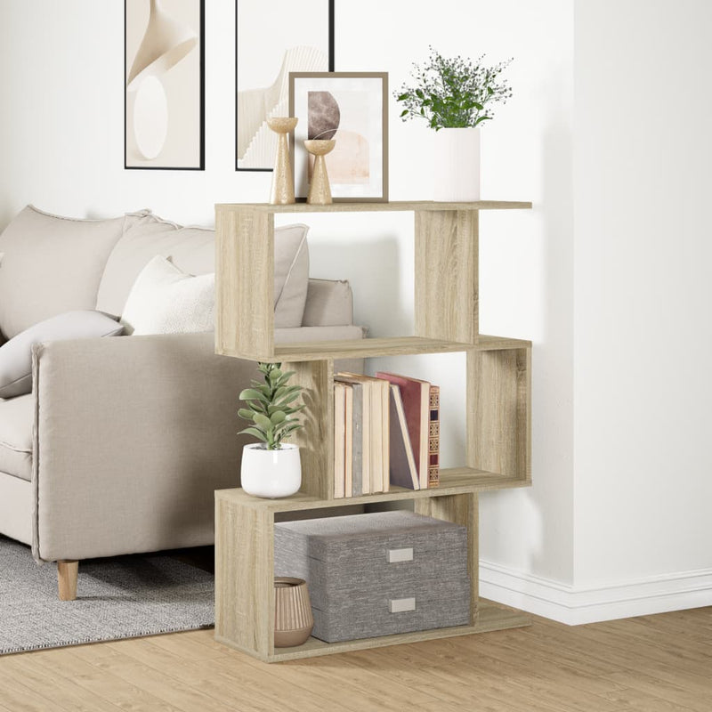 vidaXL 3 szintes sonoma tölgy fa elválasztó könyvespolc 70x24x97 cm