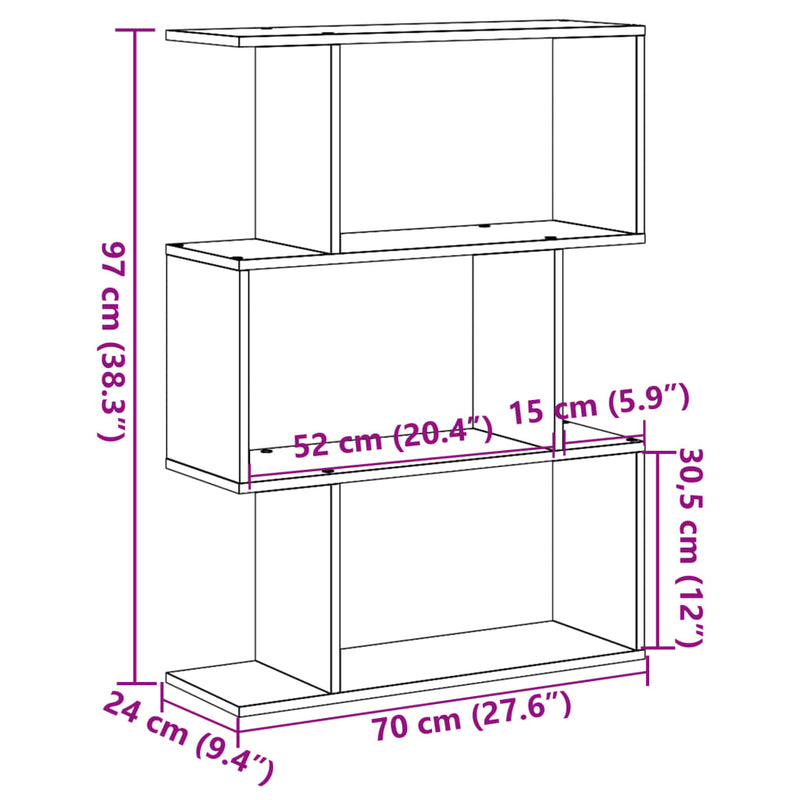 vidaXL 3 szintes füstös tölgy fa elválasztó könyvespolc 70x24x97 cm