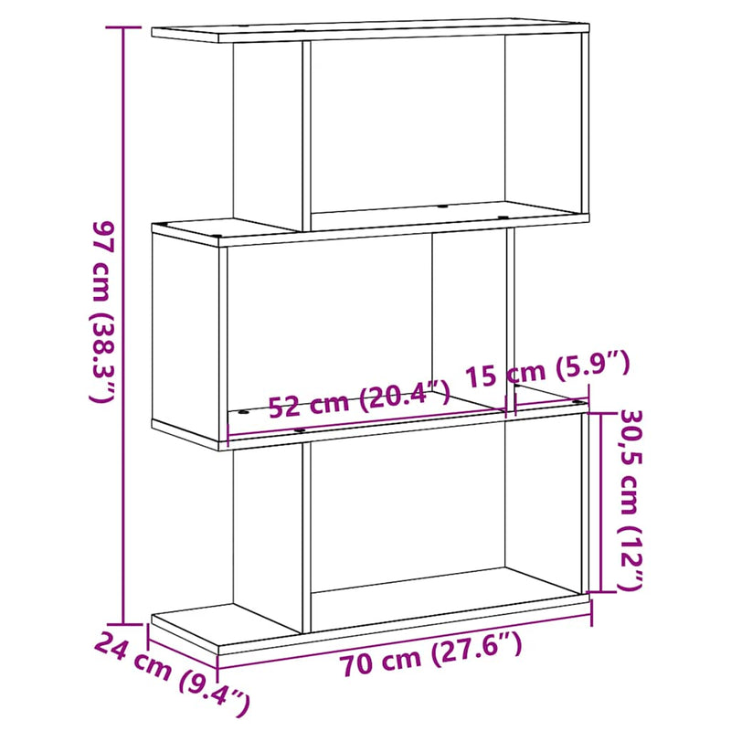 vidaXL 3 szintes kézműves tölgy fa elválasztó könyvespolc 70x24x97 cm