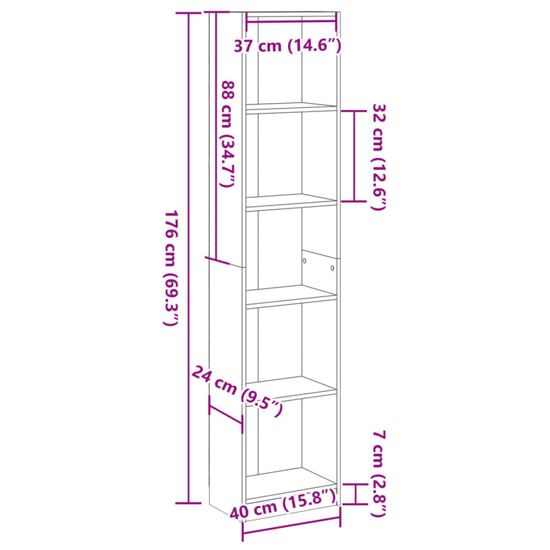 vidaXL fekete szerelt fa könyvszekrény 40 x 24 x 176 cm