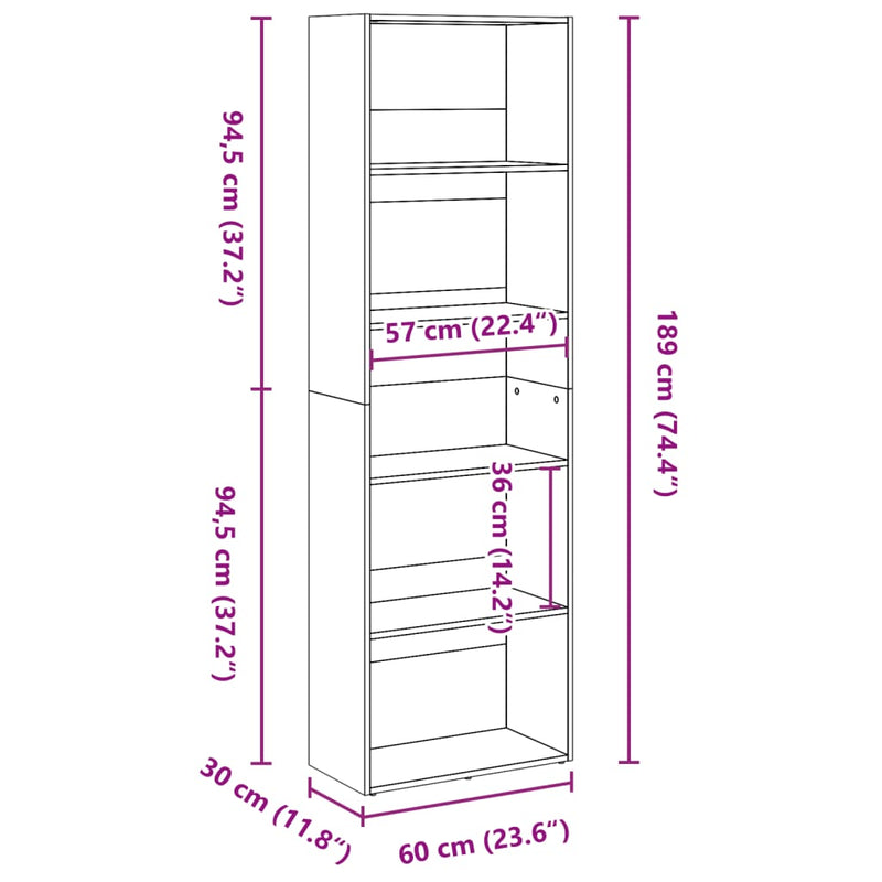 vidaXL betonszürke szerelt fa könyvespolc 60 x 30 x 189 cm