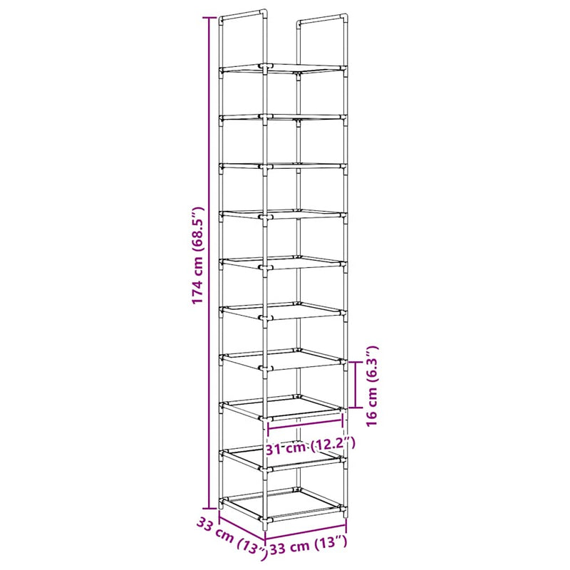 vidaXL fekete nem szőtt szövetből cipőállvány 10 szintes 33x33x174 cm